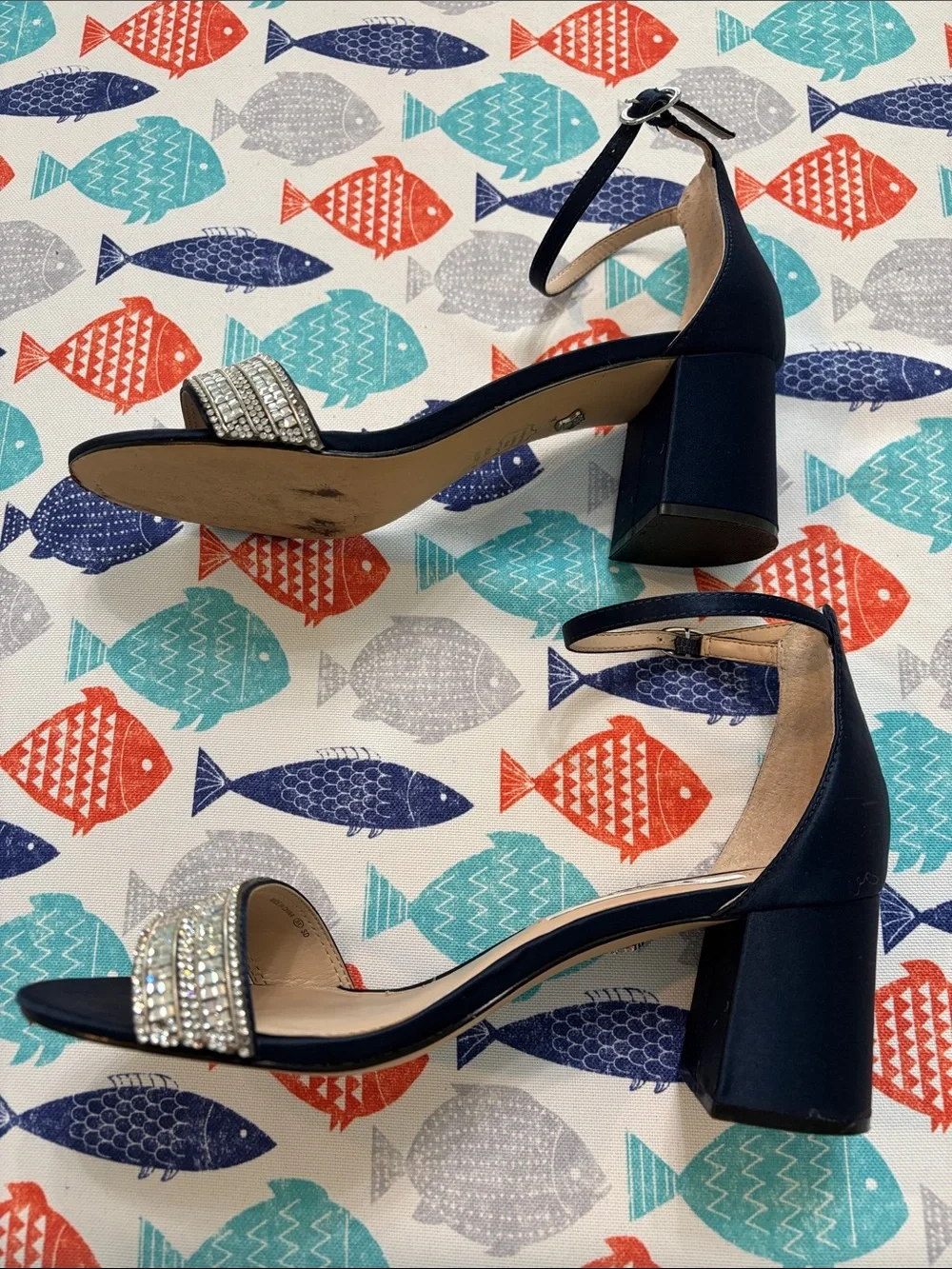 Nina Navy Crystal-Strap Block Heel Sandals 7